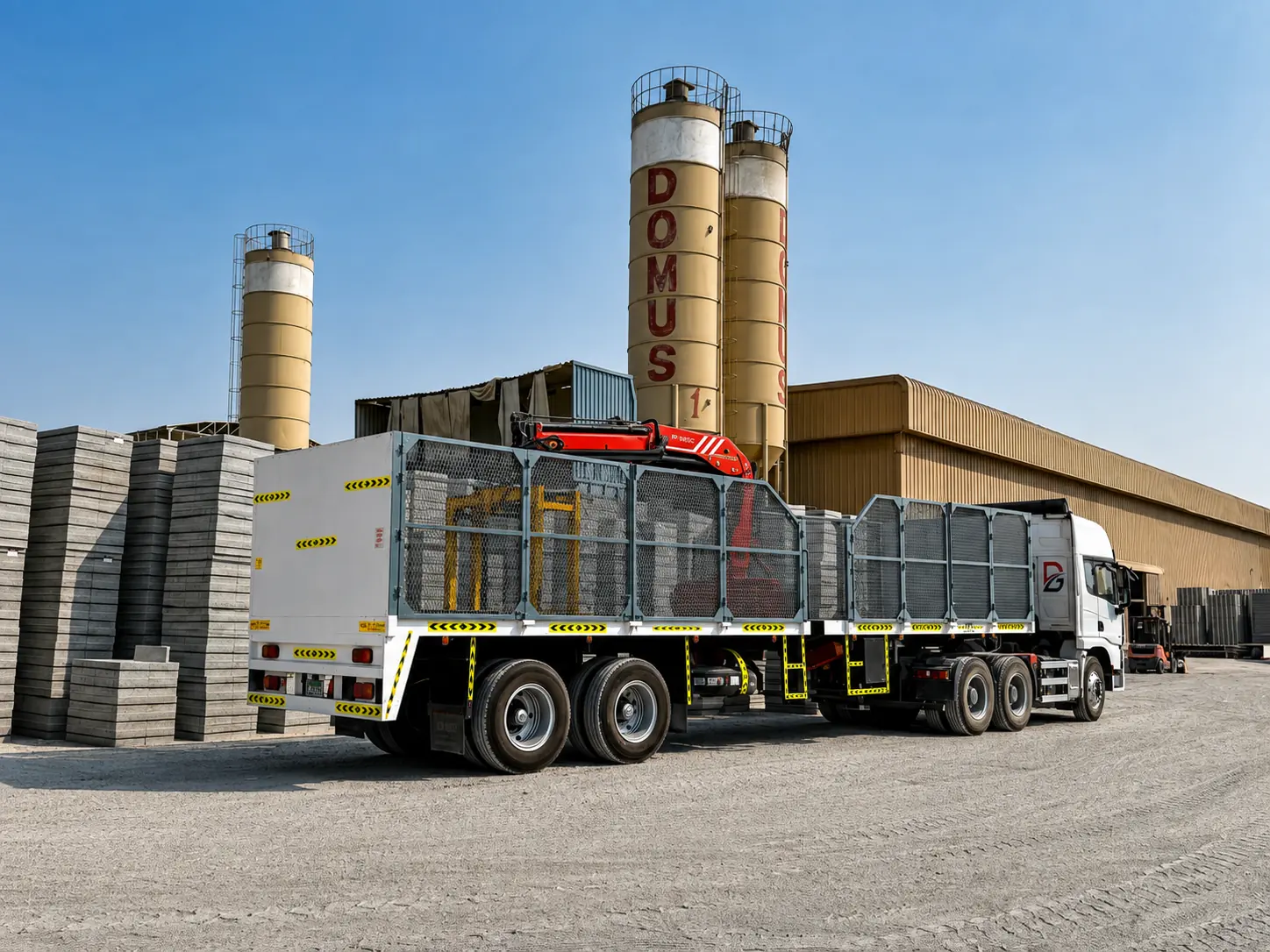 Domus crane-equipped flatbed truck at the Abu Dhabi plant beneath the DOMUS cement silos