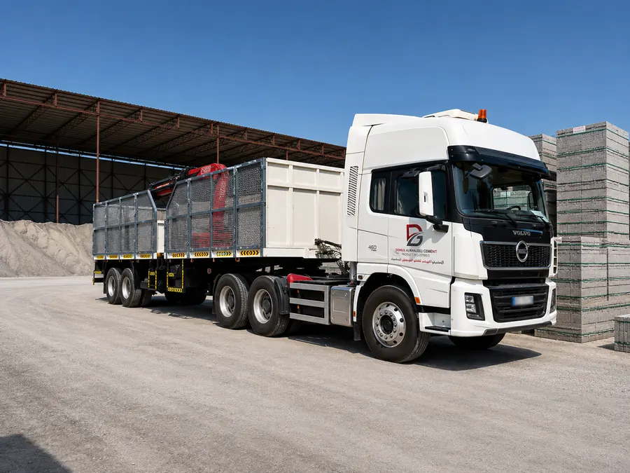 Heavy-duty tractor with crane-equipped flatbed semi-trailer
